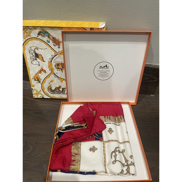 HERMES Paris "Vue du Carosse de la Galere la Reale" Silk Red Blue White Scarf - Picture 2 of 16